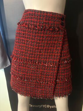 Carlisle Red and Black Tweed Fringe Mini Skirt